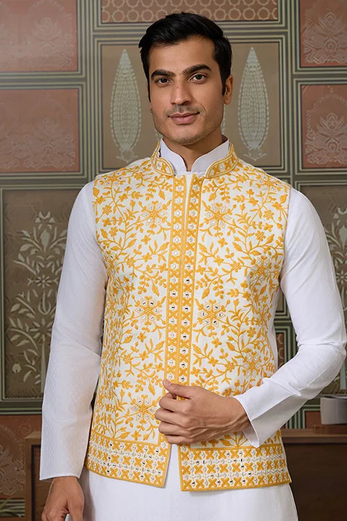 Haldi Special Yellow Koti with White Kurta for Mens