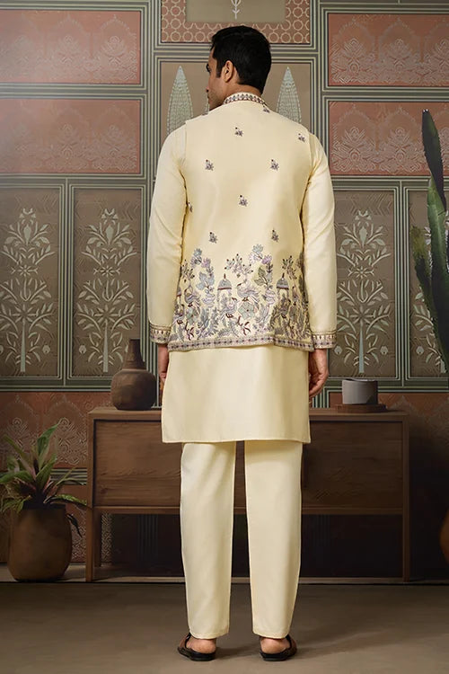 Haldi Special Light Yellow Koti Kurta Set for Mens Wear