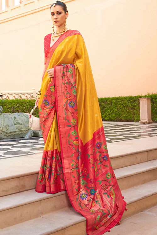 Amazing Yellow Zari Weaving Silk Saree with Blouse