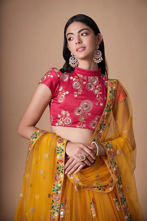 Yellow Floral Sequins Embroidered With Mirror Lehenga Choli Ensemble