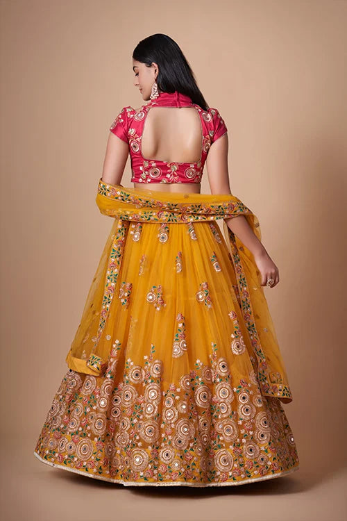 Yellow Floral Sequins Embroidered With Mirror Lehenga Choli Ensemble