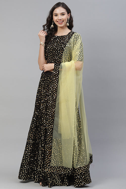 Yellow Sequins Bollywood Style Velvet Lehenga Choli Collection
