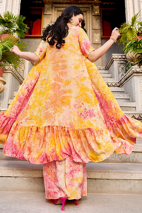 Yellow Silk Print Work Three Piece Co-Ord Set