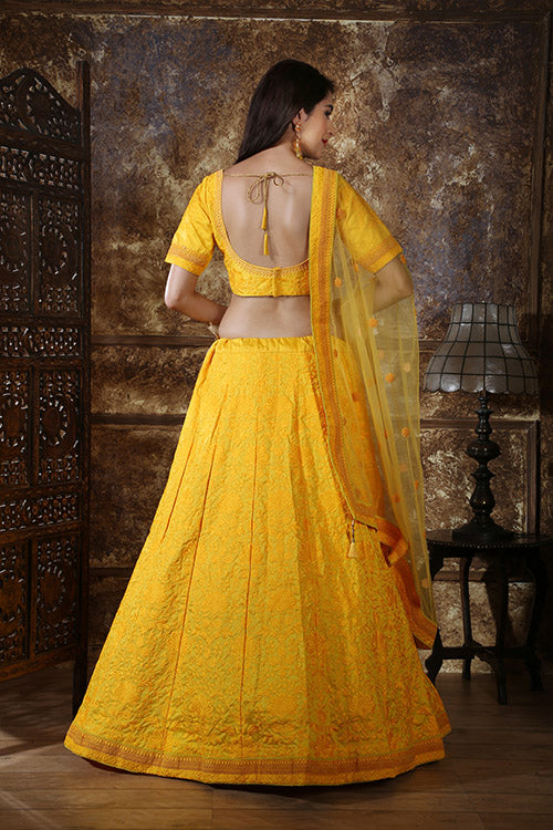 Yellow Silk Thread With Sequins Embroidered Work Lehenga Choli