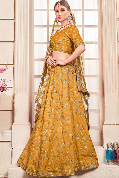Yellow Thread With Sequins Embroidered Lehenga Choli With Dupatta
