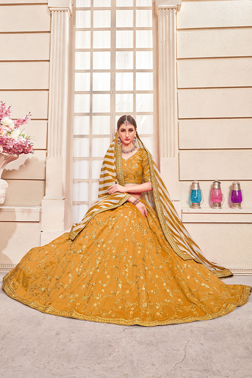Yellow Thread With Sequins Embroidered Lehenga Choli With Dupatta