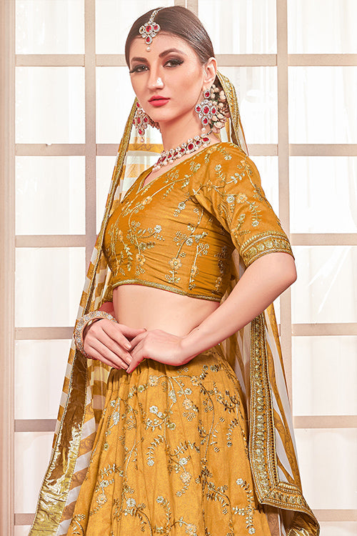 Yellow Thread With Sequins Embroidered Lehenga Choli With Dupatta