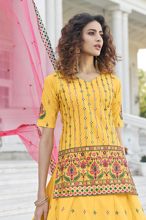 Yellow Chinon Gota Patti Embroidered Lehenga Choli