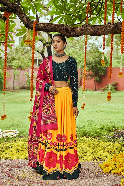 Yellow Maslin Cotton Digital Printed Work Navratri Lehenga
