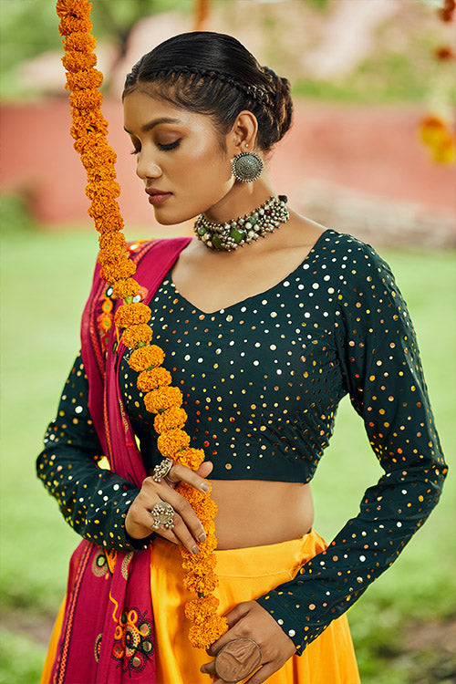 Yellow Maslin Cotton Digital Printed Work Navratri Lehenga