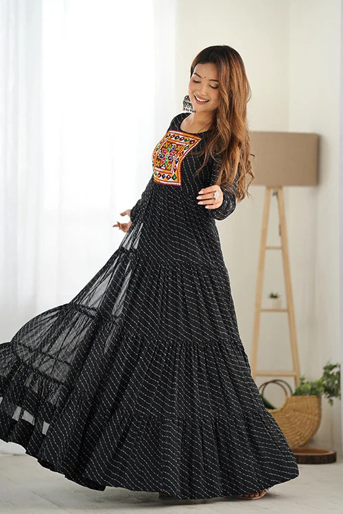 Treding Exclusive Designer Black Color Gerogette Laheriya Print Long Anarkali Gown