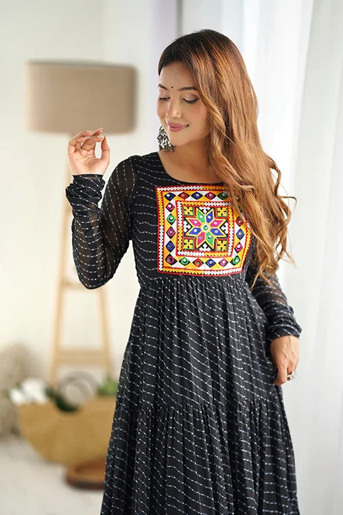 Treding Exclusive Designer Black Color Gerogette Laheriya Print Long Anarkali Gown