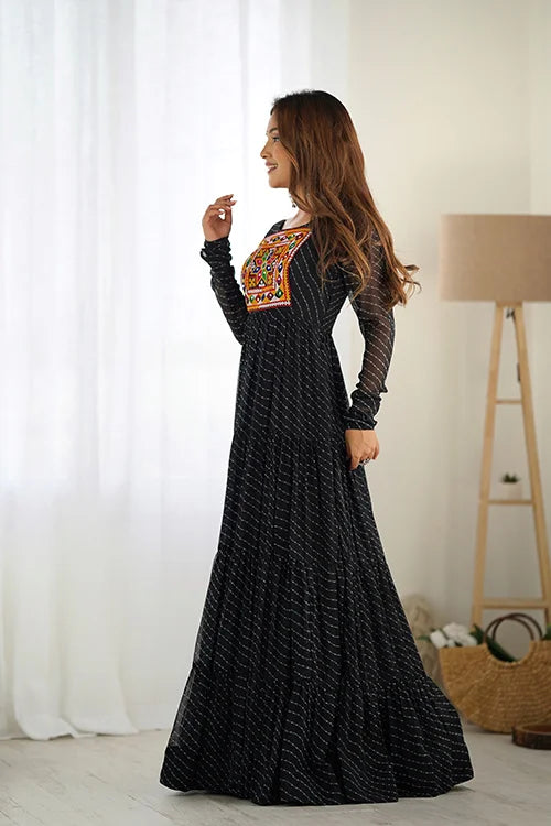 Treding Exclusive Designer Black Color Gerogette Laheriya Print Long Anarkali Gown