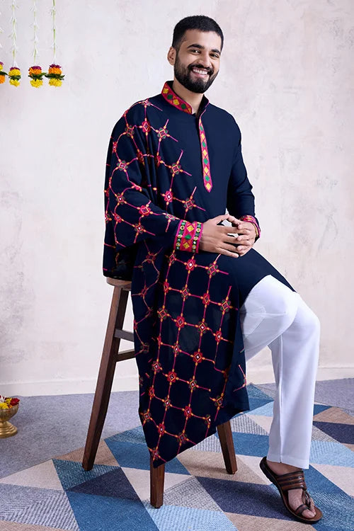 Navratri Collection Blue Men's Kurta with Embroidered Dupatta