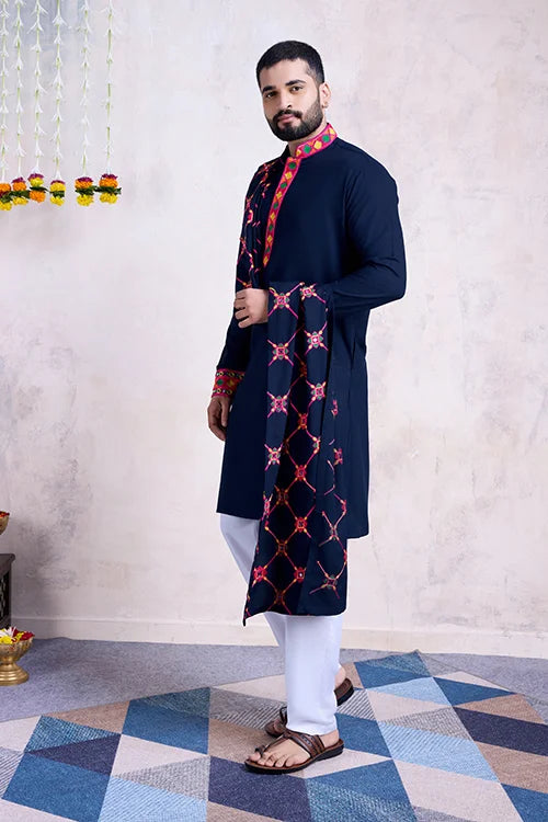 Navratri Collection Blue Men's Kurta with Embroidered Dupatta