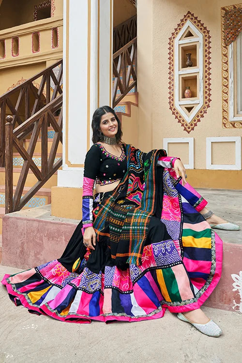 Most Beautiful Black Color Embroidery Mirror Work Chania Choli for Navratri