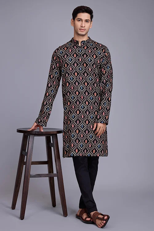 Designer Printed Black Color Kurta for Mens Wear Collection