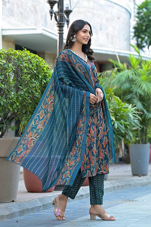 Full Stitched Exclusive Blue Rayon Kurti Bottom with Dupatta Set