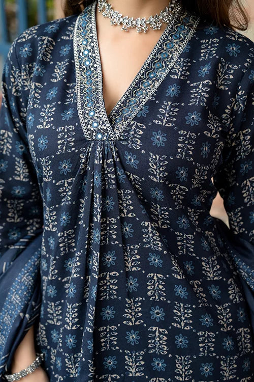 Navy Blue Rayon Designer Kurti Set with Chanderi Cotton Dupatta