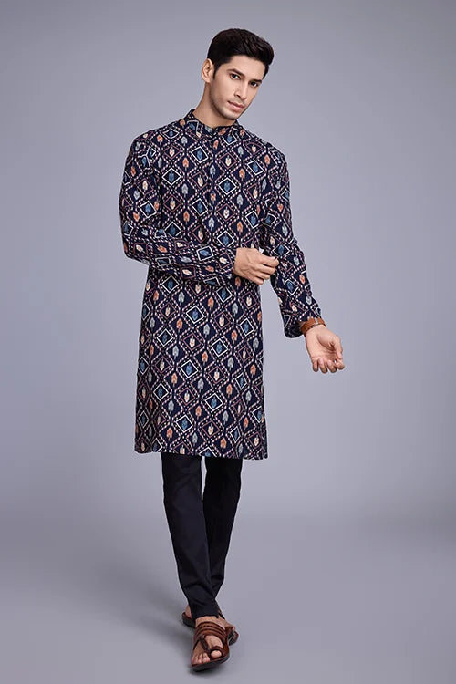 Exclusive Printed Navy Blue Kurta for Mens Wear Collection