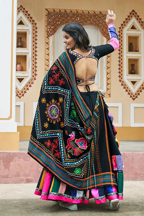 Most Beautiful Black Color Embroidery Mirror Work Chania Choli for Navratri