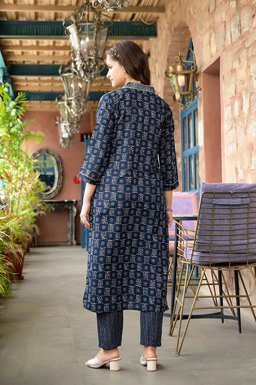 Navy Blue Rayon Designer Kurti Set with Chanderi Cotton Dupatta