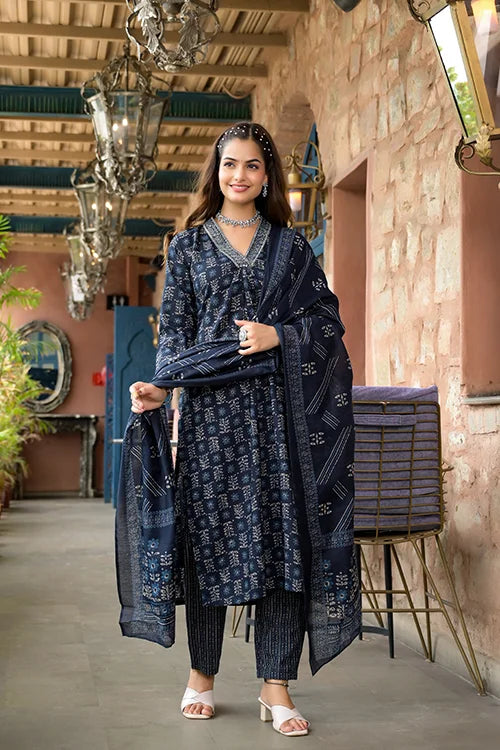Navy Blue Rayon Designer Kurti Set with Chanderi Cotton Dupatta