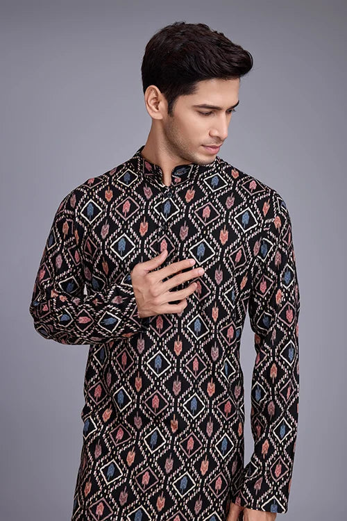 Designer Printed Black Color Kurta for Mens Wear Collection