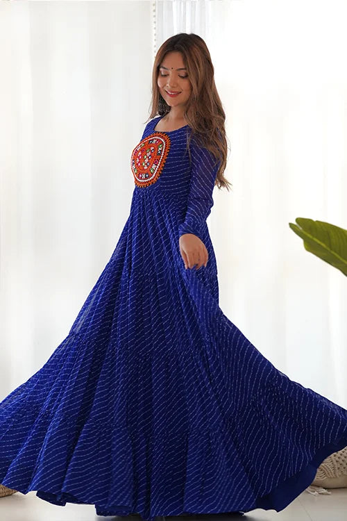 Laheriya Print Anarkali Gown in Royal Blue for Garba Nights