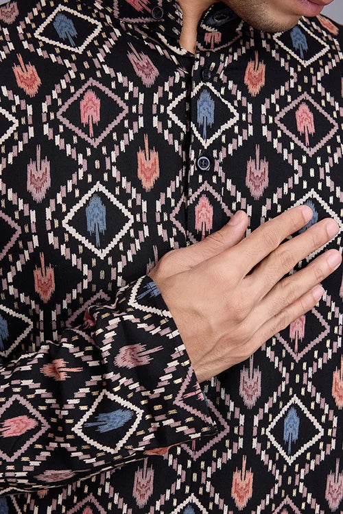 Designer Printed Black Color Kurta for Mens Wear Collection