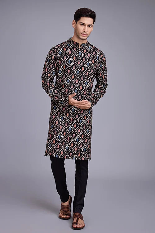 Designer Printed Black Color Kurta for Mens Wear Collection
