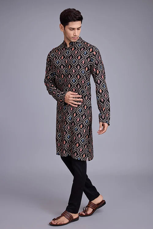 Designer Printed Black Color Kurta for Mens Wear Collection