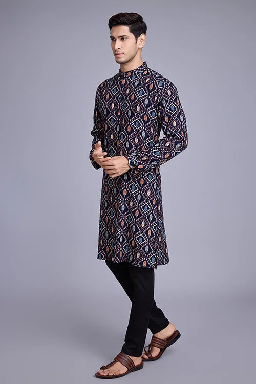 Exclusive Printed Navy Blue Kurta for Mens Wear Collection