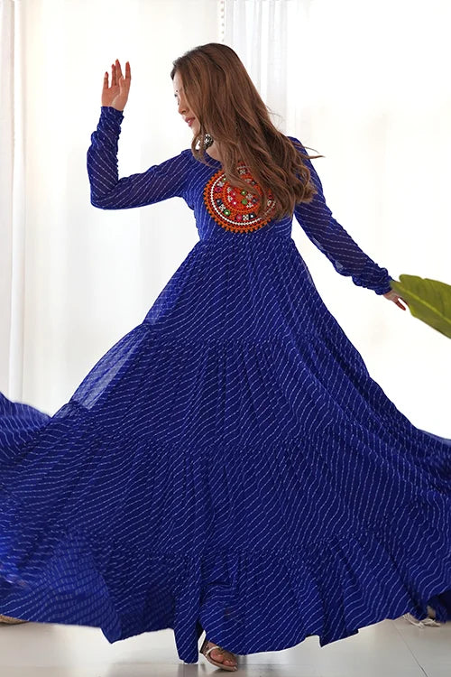 Laheriya Print Anarkali Gown in Royal Blue for Garba Nights