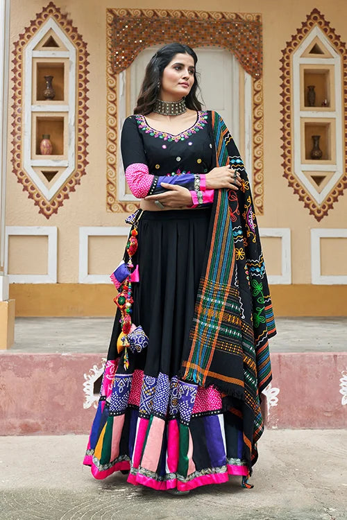 Most Beautiful Black Color Embroidery Mirror Work Chania Choli for Navratri