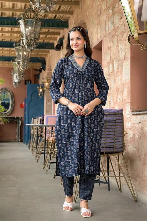 Navy Blue Rayon Designer Kurti Set with Chanderi Cotton Dupatta