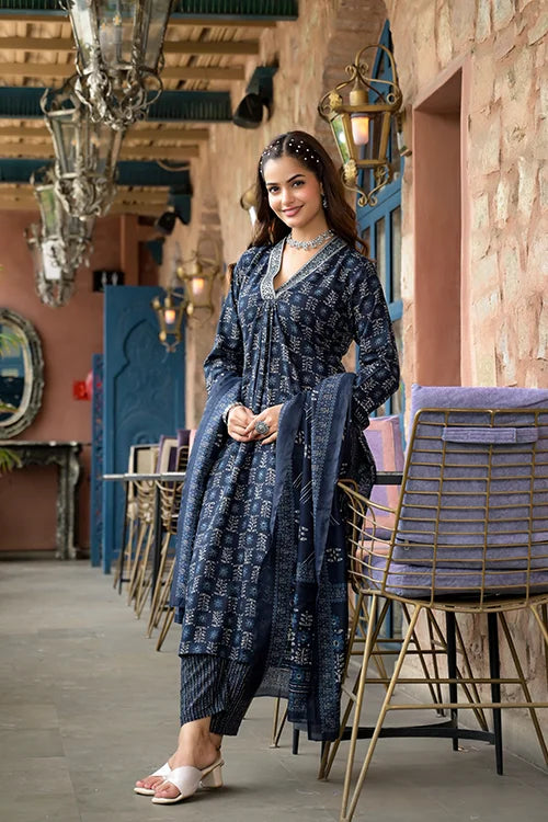 Navy Blue Rayon Designer Kurti Set with Chanderi Cotton Dupatta