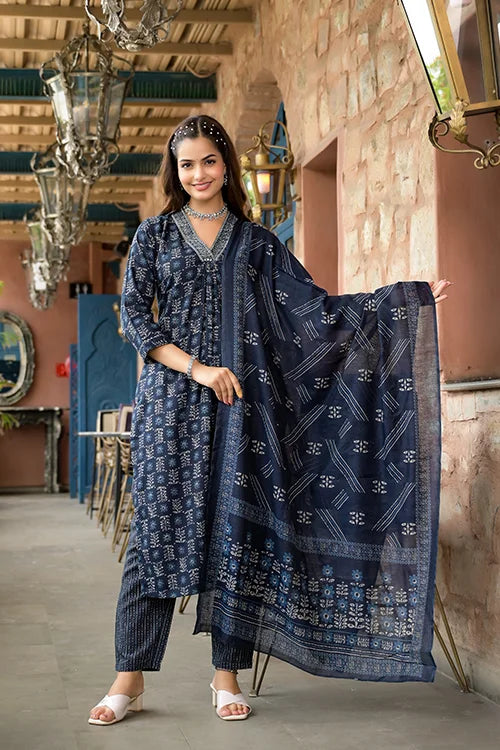Navy Blue Rayon Designer Kurti Set with Chanderi Cotton Dupatta