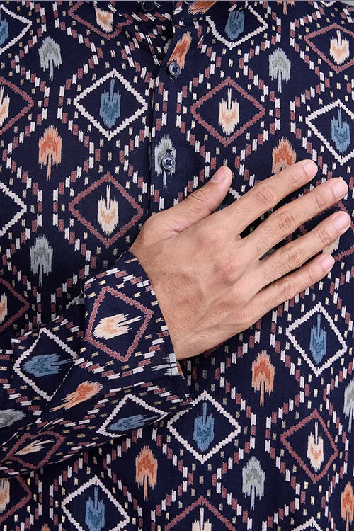 Exclusive Printed Navy Blue Kurta for Mens Wear Collection