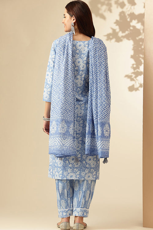 Sky Blue Kurti Set with Chanderi Cotton Dupatta - All Sizes